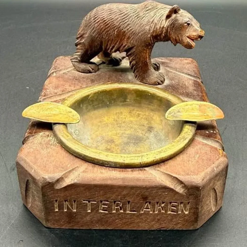 Antique 1920’s Hand-Carved Swiss Black Forest Bear Ashtray - Interlaken